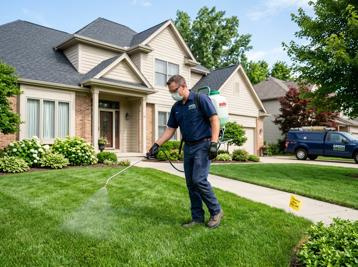 Technician carefully applying a liquid lawn treatment to a residential front yard - lawn care and pest control Technician carefully applying a liquid lawn treatment to a residential front yard - lawn care and pest control
