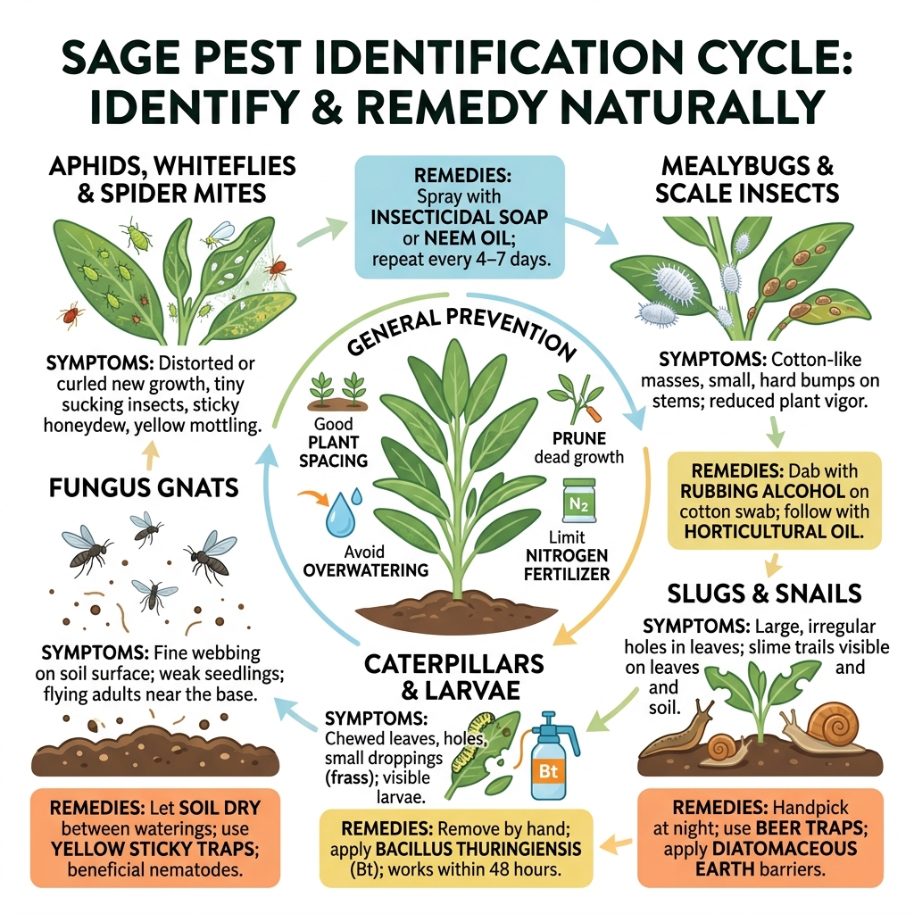 Sage pest identification cycle infographic showing common pests, symptoms, and natural remedies - sage plant pest remedies
