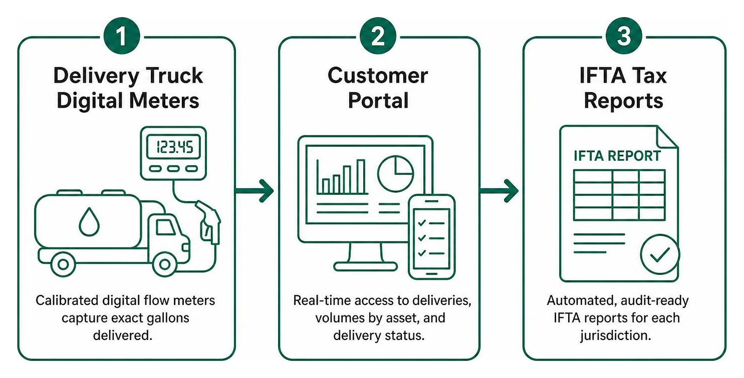Automated data flow from delivery truck digital meters to customer portal and IFTA tax reports Automated data flow from delivery truck digital meters to customer portal and IFTA tax reports
