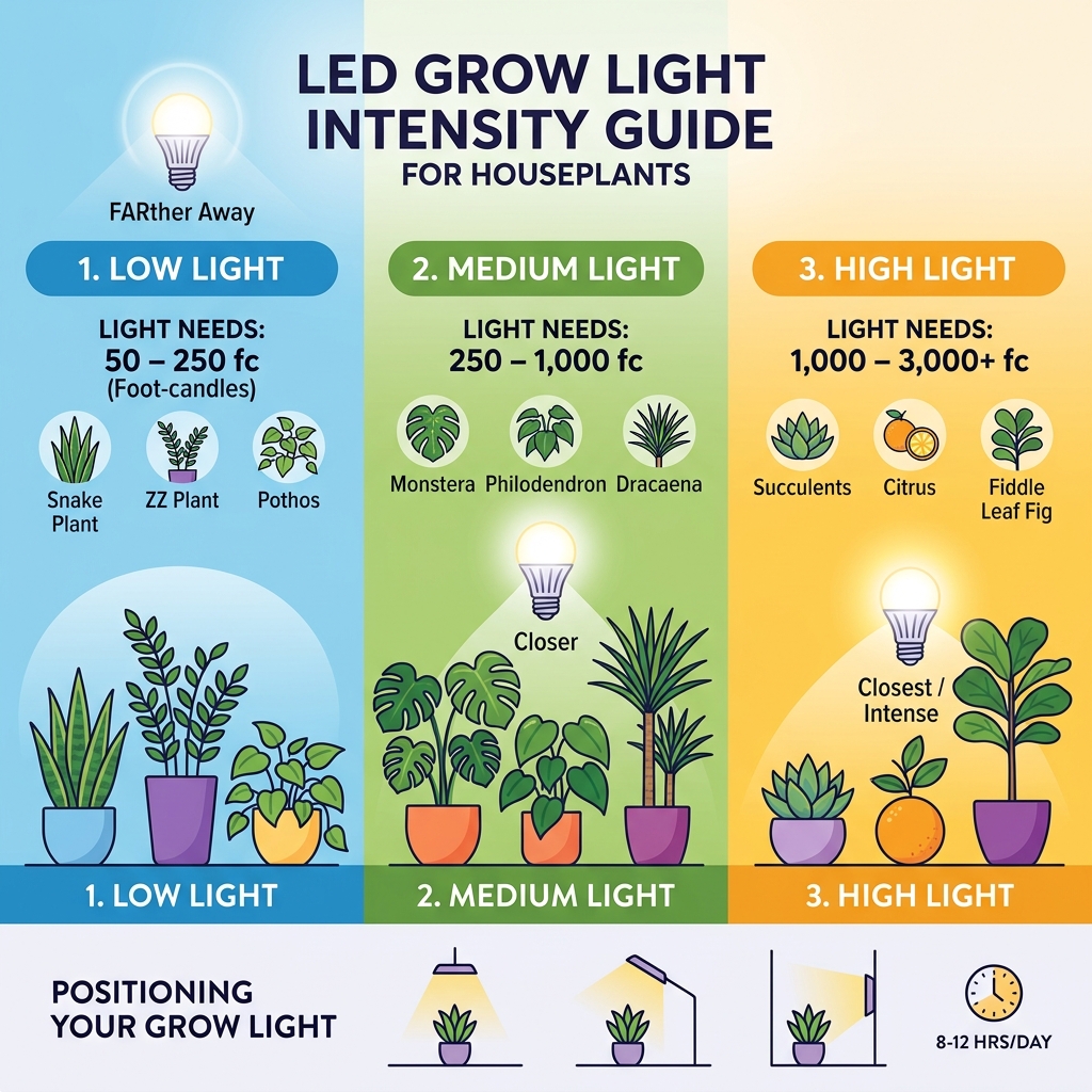 Infographic showing light intensity levels for different plant categories - led grow light houseplants infographic Infographic showing light intensity levels for different plant categories - led grow light houseplants infographic