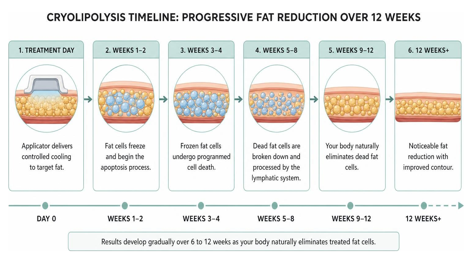 Cryolipolysis Timeline Diagram Showing Progressive Fat Reduction Over 12 Weeks