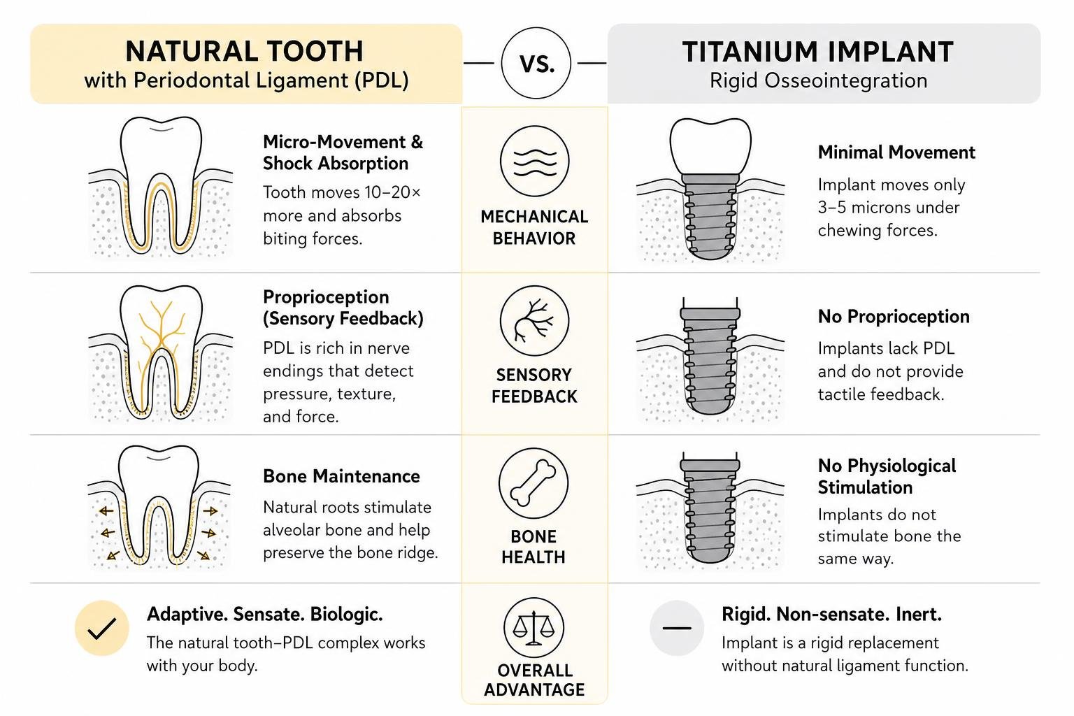 Natural tooth biomechanics with PDL versus rigid titanium implant integration