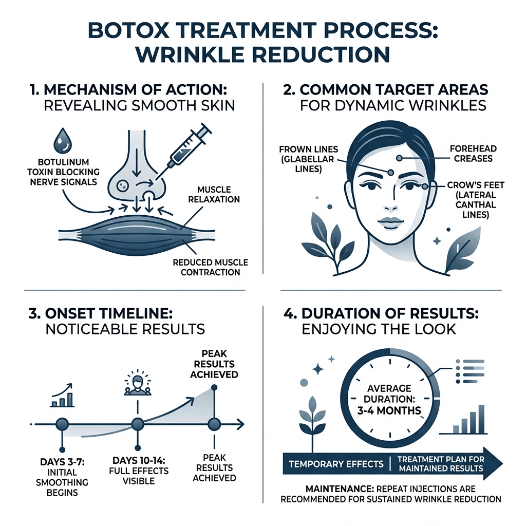 Botox treatment process infographic: mechanism, target areas, onset timeline, and duration of results - wrinkle reduction