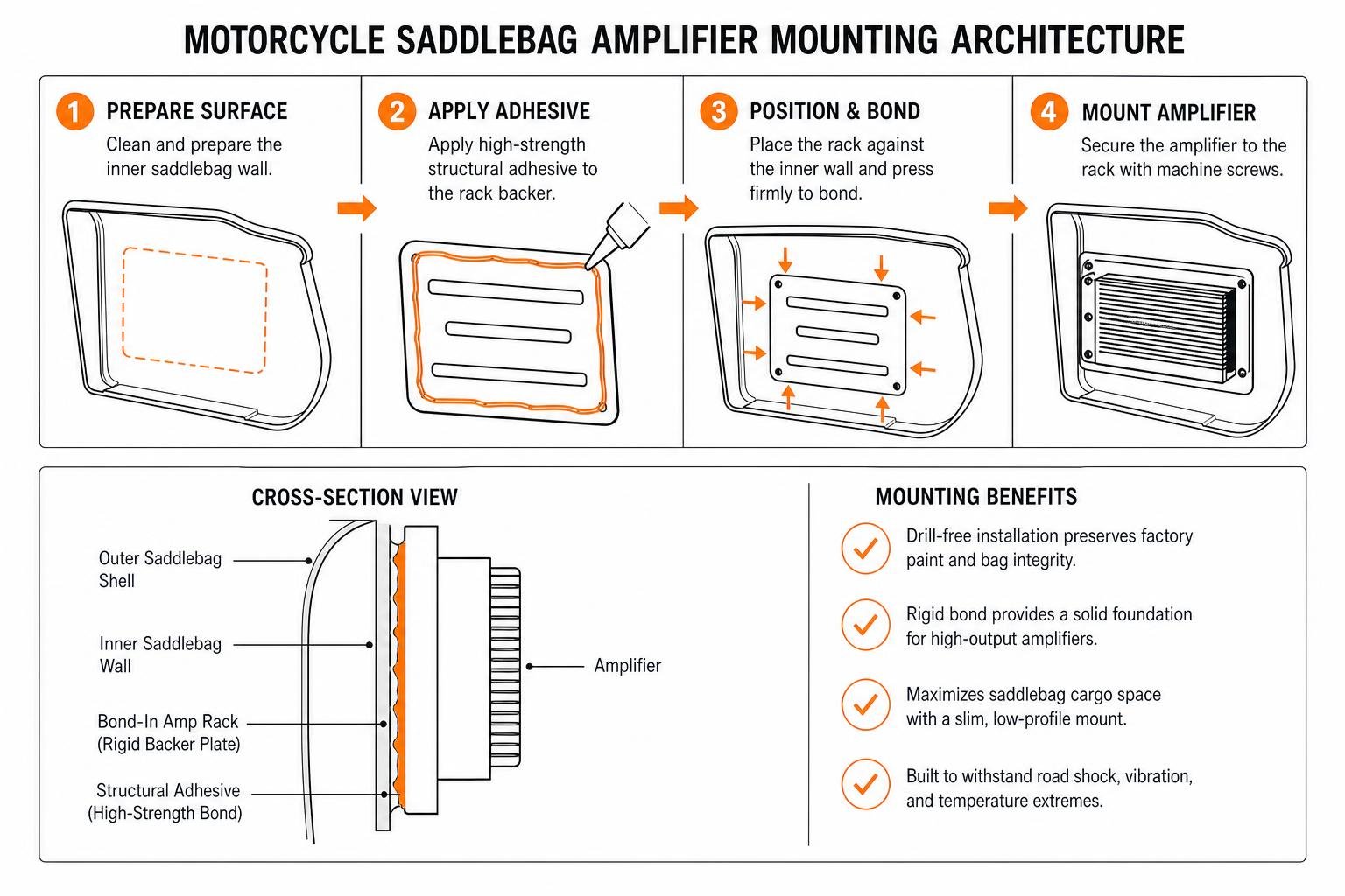 Motorcycle saddlebag amplifier mounting architecture