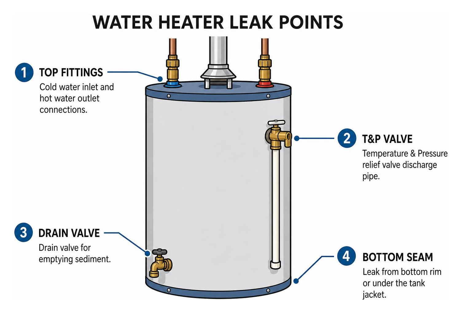 Water heater leak points: top fittings, T&P valve, drain valve, and bottom seam