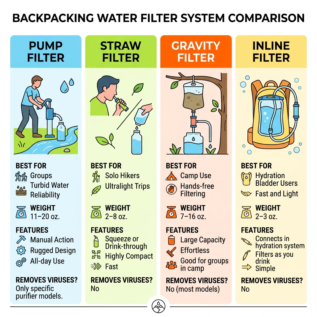 Comparison infographic of pump, straw, gravity, and inline backpacking water filter systems - backpacking water filter pump Comparison infographic of pump, straw, gravity, and inline backpacking water filter systems - backpacking water filter pump
