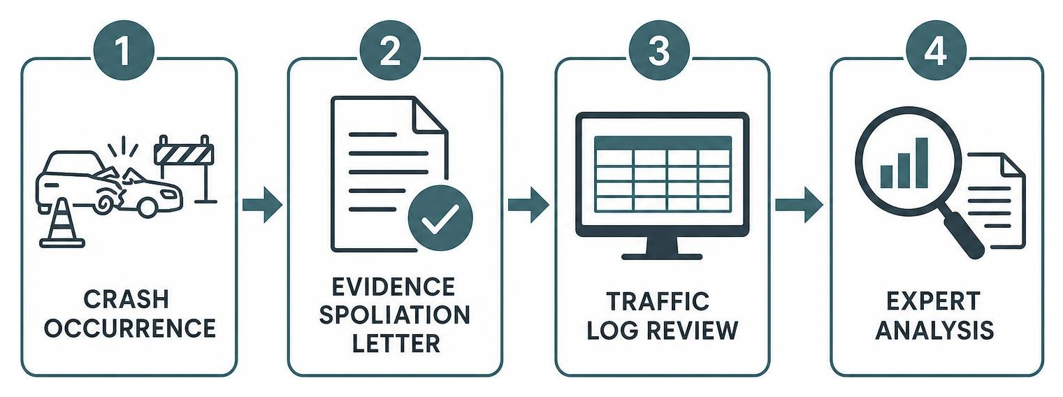 Step by step sequence: crash occurrence, evidence spoliation letter, traffic log review, professional analysis