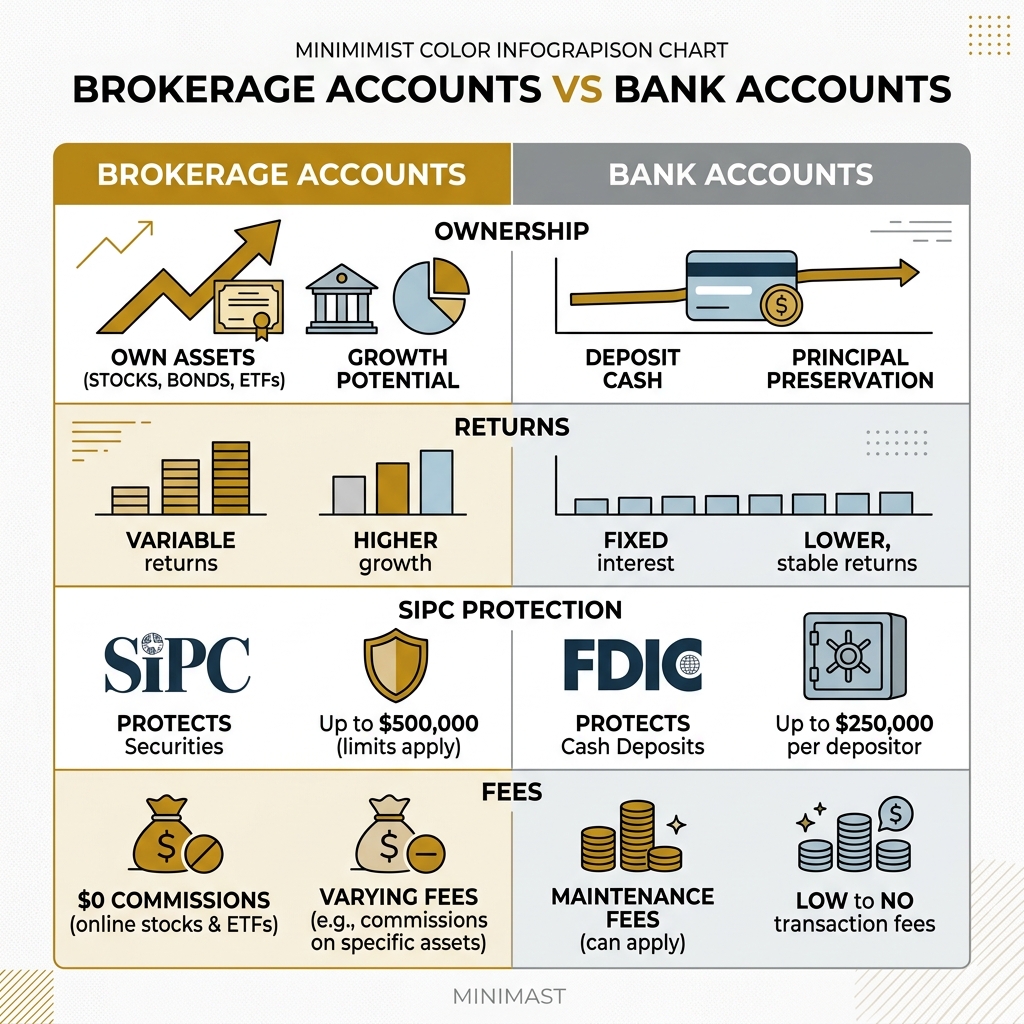 Infographic comparing brokerage accounts vs bank accounts: ownership, returns, SIPC protection, fees - brokerage and trading