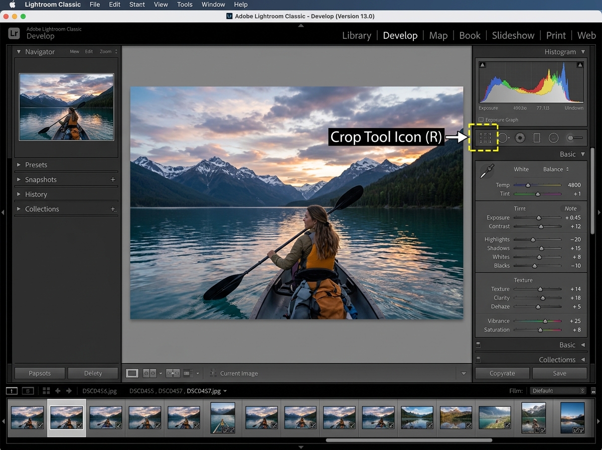 Location of the Crop Tool in the Lightroom Develop module under the Histogram - Lightroom crop best practices Location of the Crop Tool in the Lightroom Develop module under the Histogram - Lightroom crop best practices