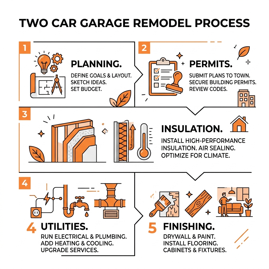 Two car garage remodel process: planning, permits, insulation, utilities, finishing - two car garage remodel infographic Two car garage remodel process: planning, permits, insulation, utilities, finishing - two car garage remodel infographic