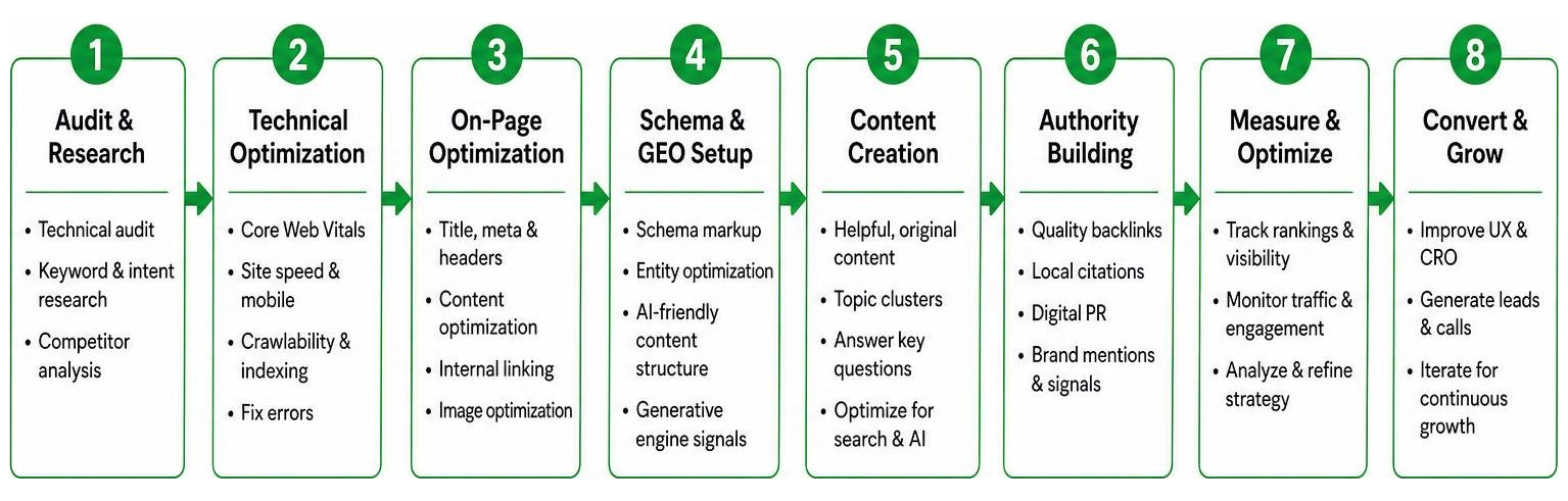 Step-by-step technical SEO and GEO optimization process