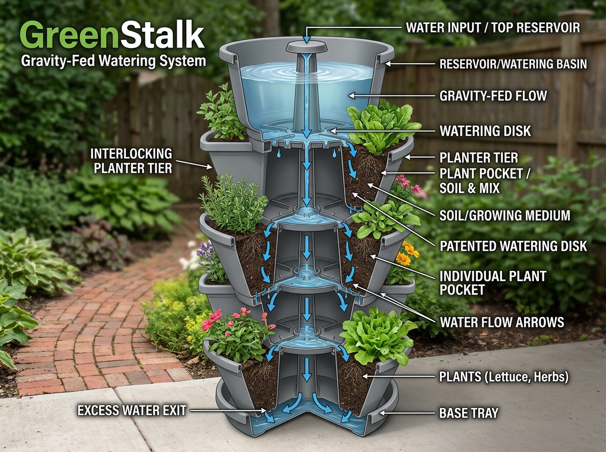 diagram of the patented gravity-fed watering system showing water flowing from top reservoir to disks - greenstalk vertical diagram of the patented gravity-fed watering system showing water flowing from top reservoir to disks - greenstalk vertical