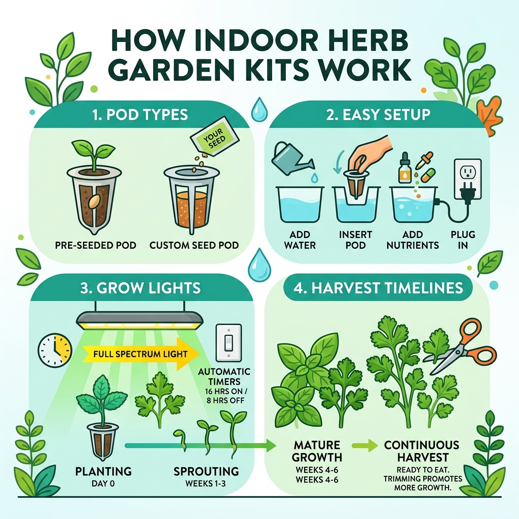 How herb garden kits work: pod types, setup steps, grow lights, and harvest timelines - herb garden kits infographic How herb garden kits work: pod types, setup steps, grow lights, and harvest timelines - herb garden kits infographic