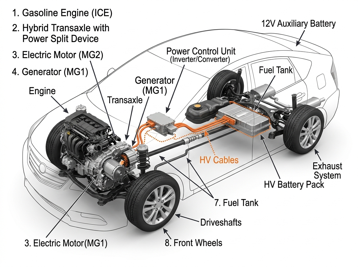 Hybrid powertrain layout showing engine and battery - gas vs hybrid cars Hybrid powertrain layout showing engine and battery - gas vs hybrid cars