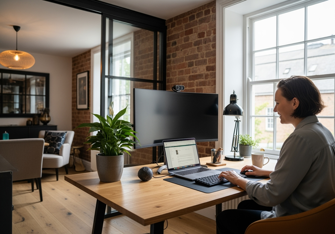 person happily working in their newly converted home office - converting formal living room into office