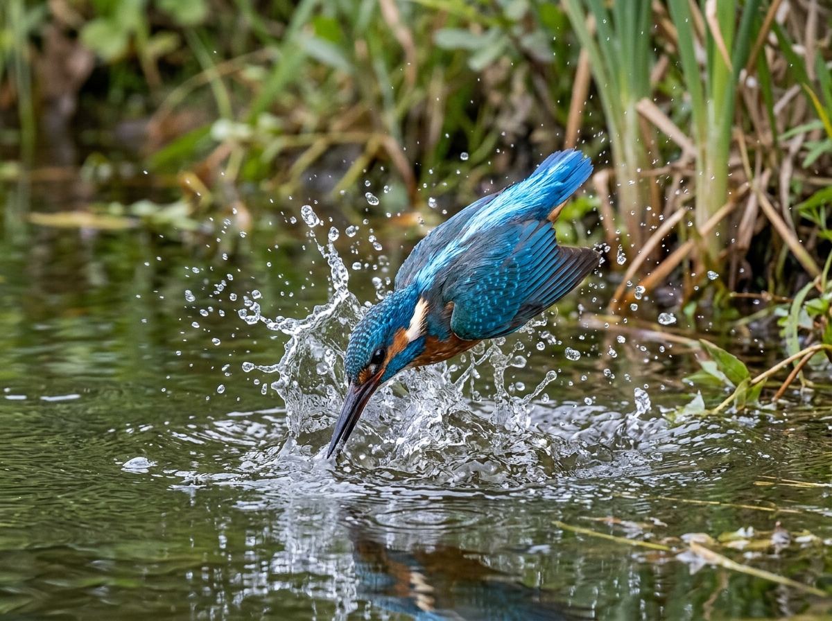 Frozen water splash from a diving kingfisher - shutter speed for wildlife photography Frozen water splash from a diving kingfisher - shutter speed for wildlife photography