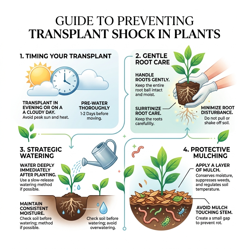 Steps to prevent transplant shock — timing, root care, watering, and mulching guide - preventing transplant shock plants