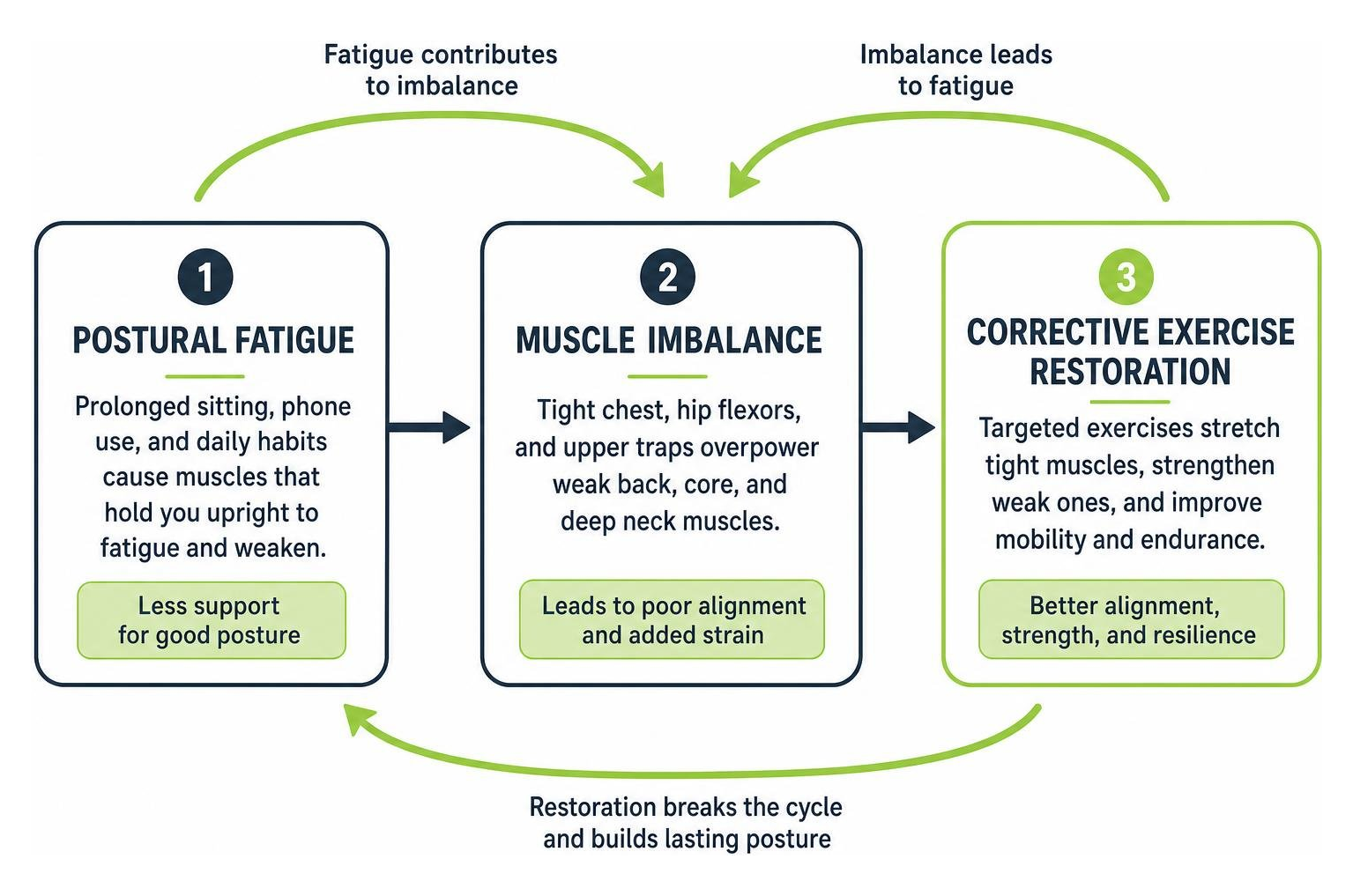 diagram showing the cycle of postural fatigue, muscle imbalance, and corrective exercise restoration