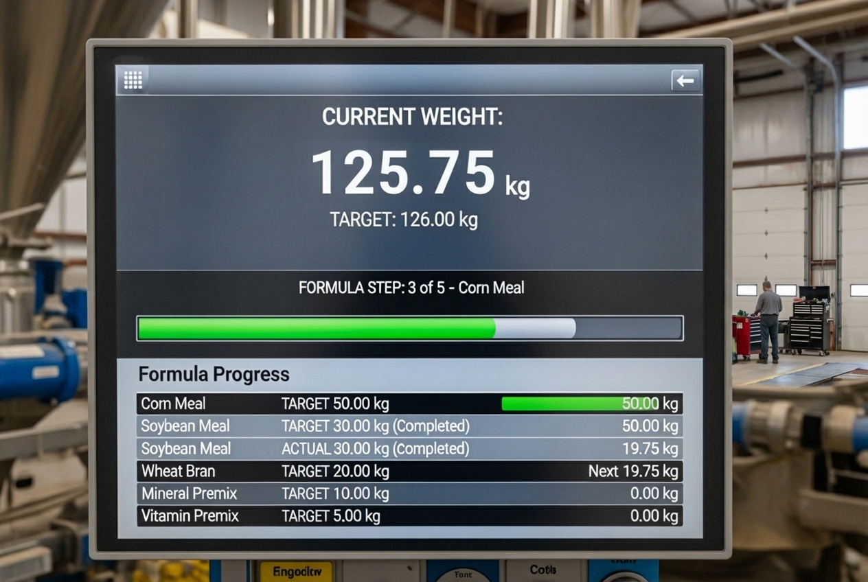 A graphical display showing precise ingredient batching with digital readouts for weight and formula steps A graphical display showing precise ingredient batching with digital readouts for weight and formula steps
