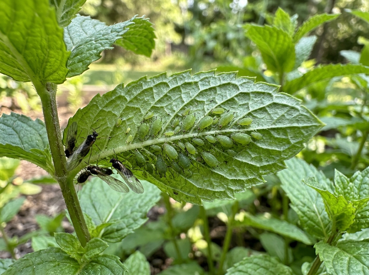 wingless vs winged aphids on mint leaves - aphids on mint
