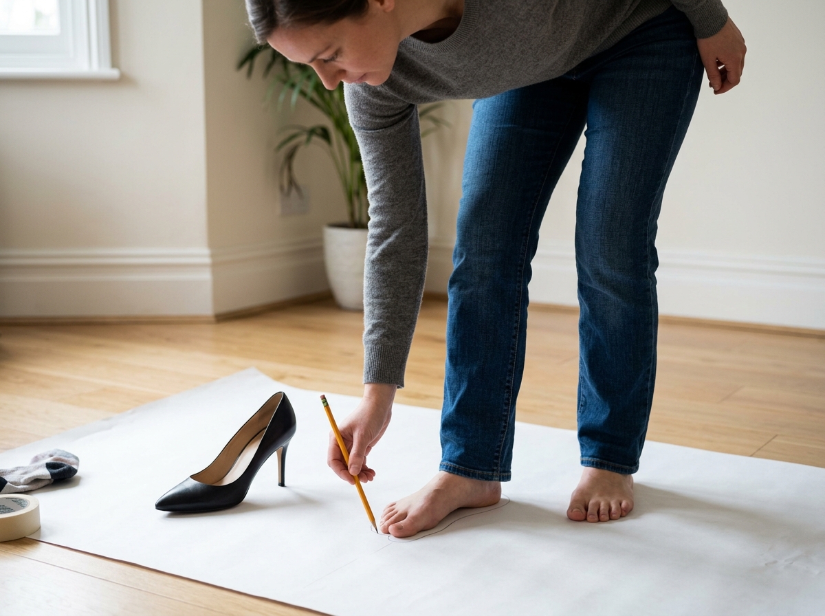 A person tracing their foot on paper to compare it against the narrow shape of traditional footwear - wide box toe shoes for