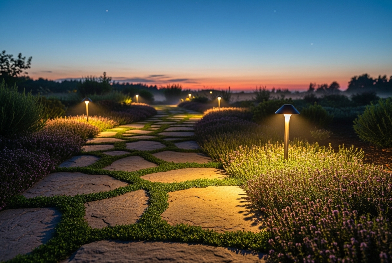 stone walkway at dusk with creative low-voltage lighting and lush ground cover plants like creeping thyme in the gaps. - build a stone walkway