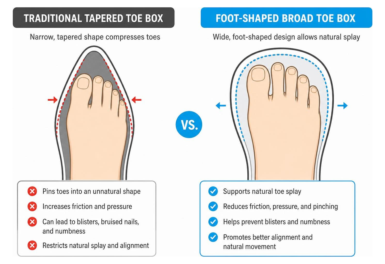 Comparison of traditional tapered toe box versus foot-shaped broad toe box Comparison of traditional tapered toe box versus foot-shaped broad toe box