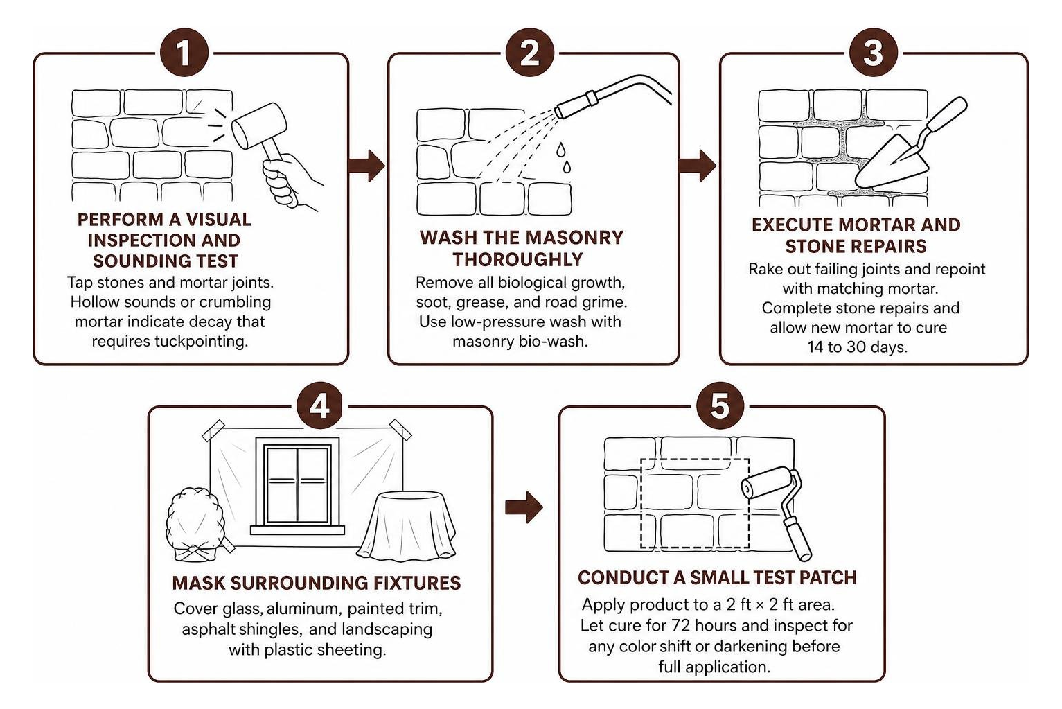Step by step stone wall preparation and sealing workflow Step by step stone wall preparation and sealing workflow