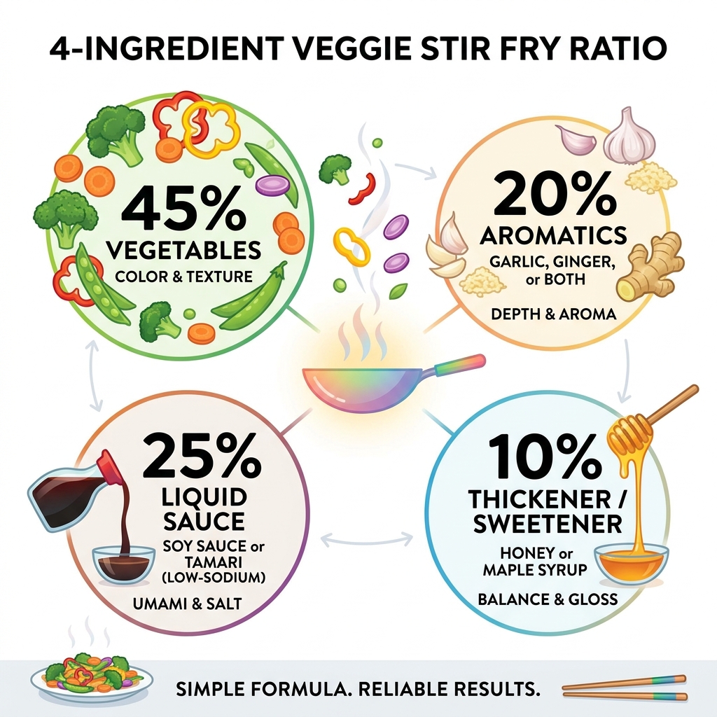 Infographic showing 4-ingredient stir fry ratio: vegetables, aromatics, liquid sauce, and thickener/sweetener - 4 ingredient Infographic showing 4-ingredient stir fry ratio: vegetables, aromatics, liquid sauce, and thickener/sweetener - 4 ingredient
