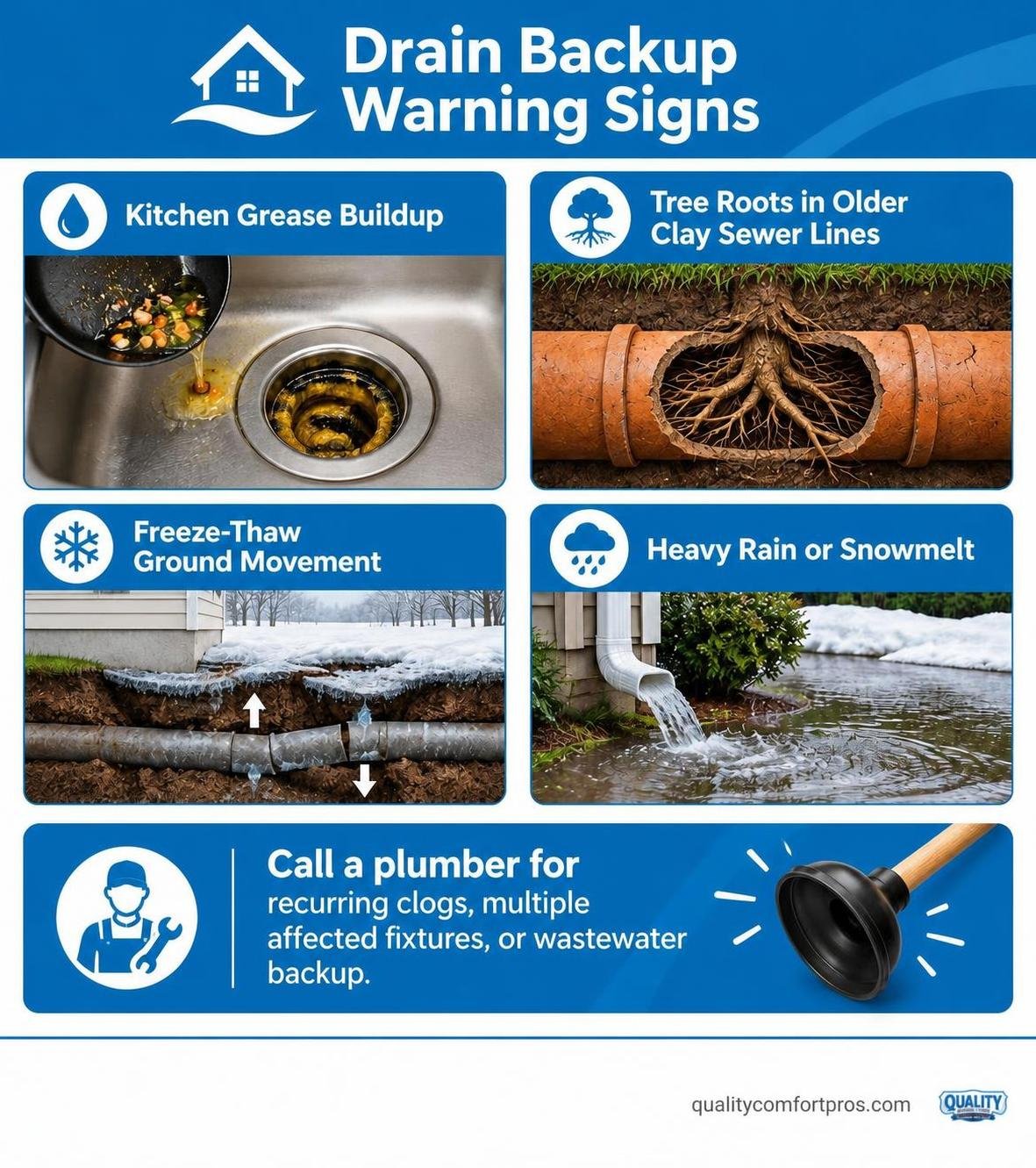Infographic showing the most common Northern Michigan drain backup causes and the point at which to call a plumber Infographic showing the most common Northern Michigan drain backup causes and the point at which to call a plumber