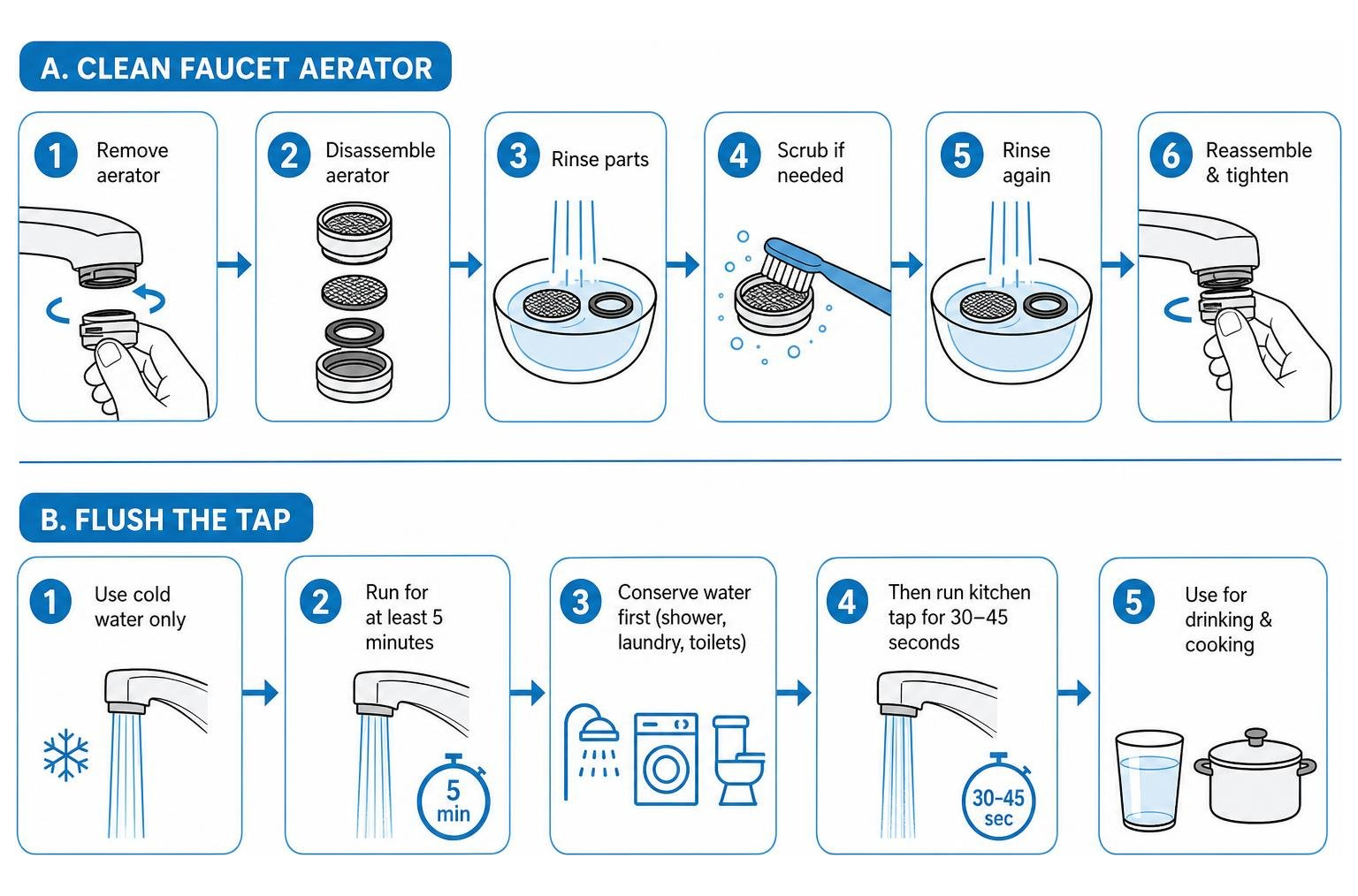 Step-by-step process of cleaning a faucet aerator and flushing the tap Step-by-step process of cleaning a faucet aerator and flushing the tap
