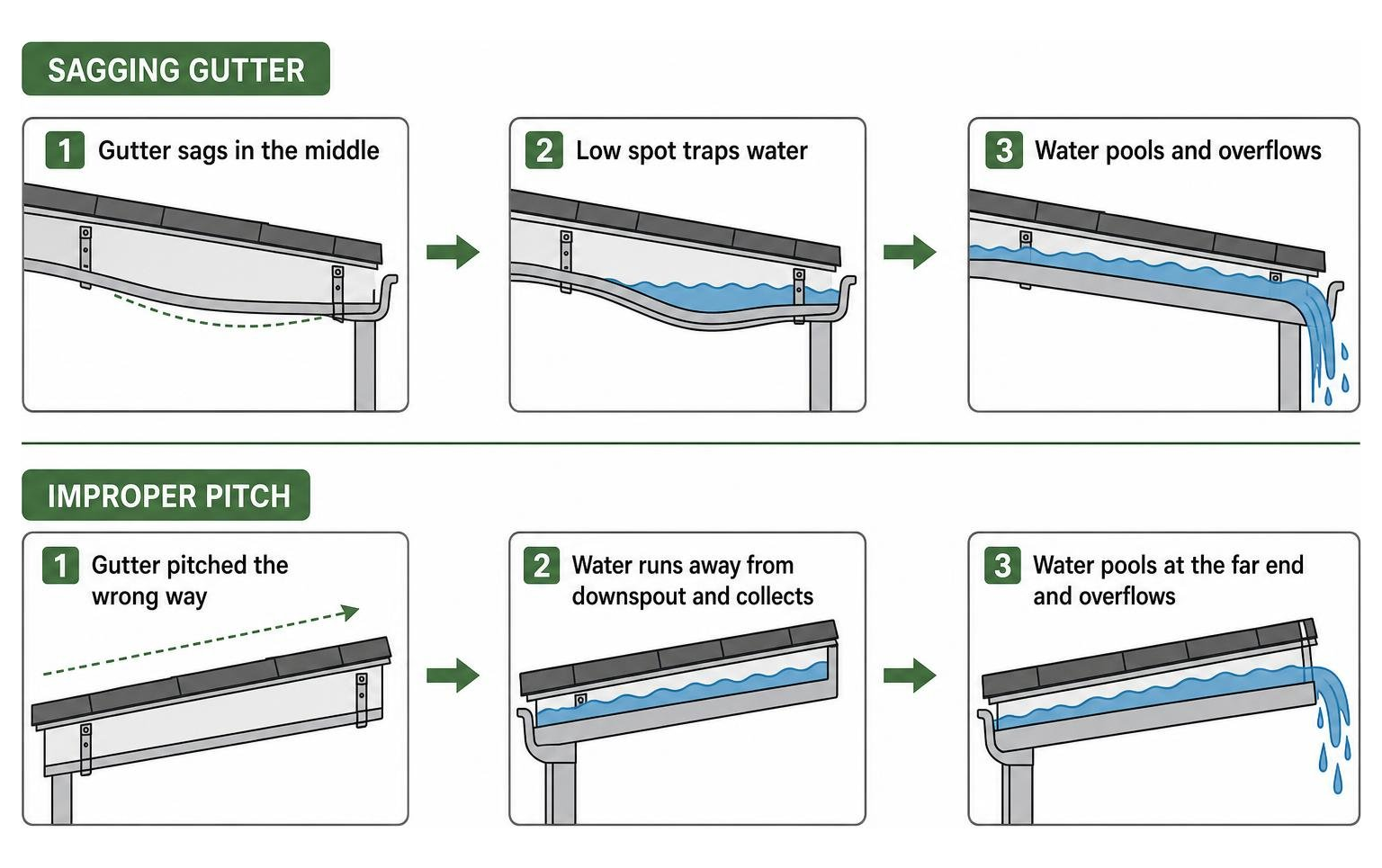 Diagram showing how structural sagging and improper pitch trap water in gutters