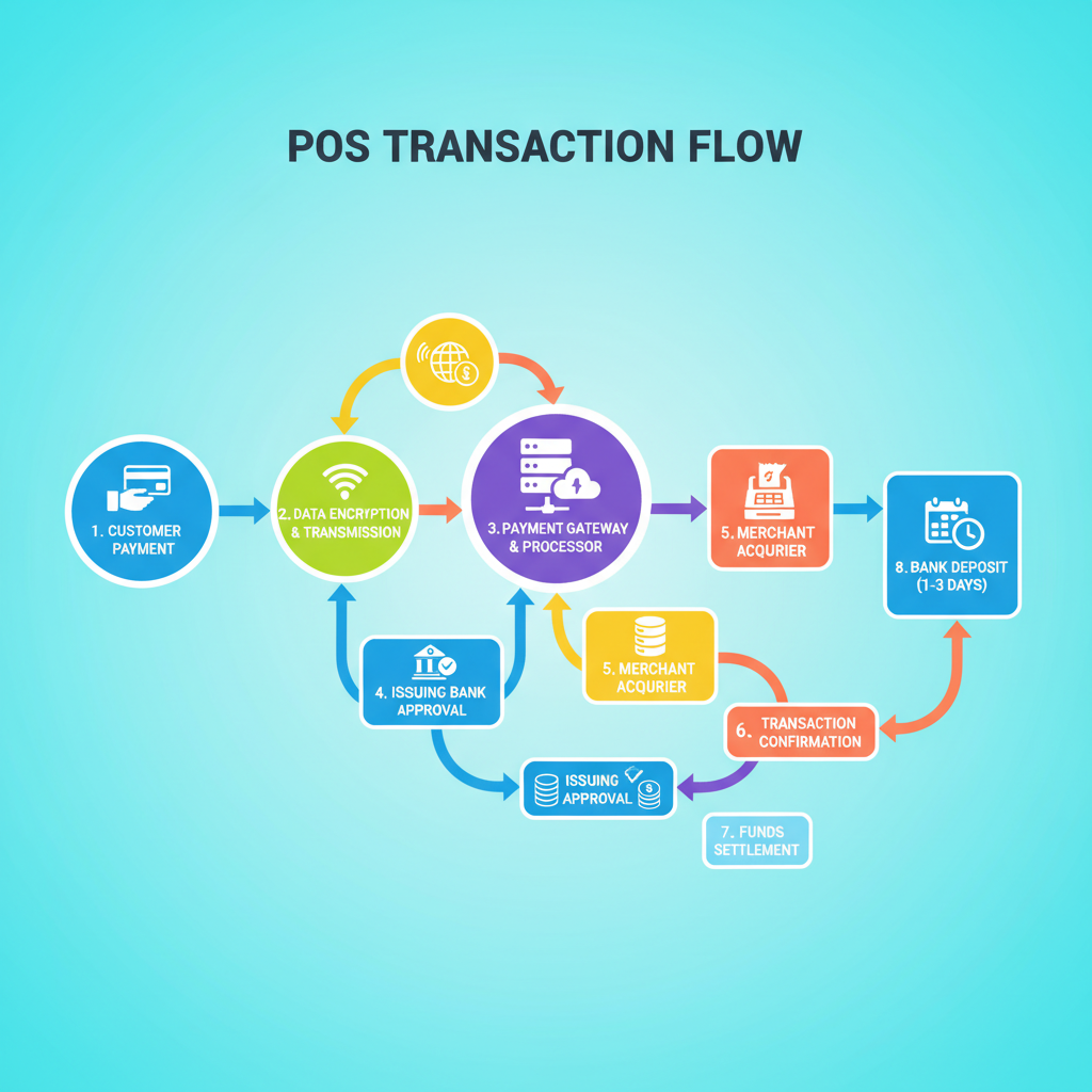Infographic showing the flow of a POS transaction from customer payment to bank settlement - pos point of sale software infographic 
