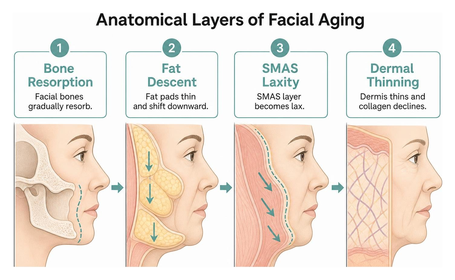 Anatomical layers of facial aging: bone resorption, fat descent, SMAS laxity, and dermal thinning Anatomical layers of facial aging: bone resorption, fat descent, SMAS laxity, and dermal thinning