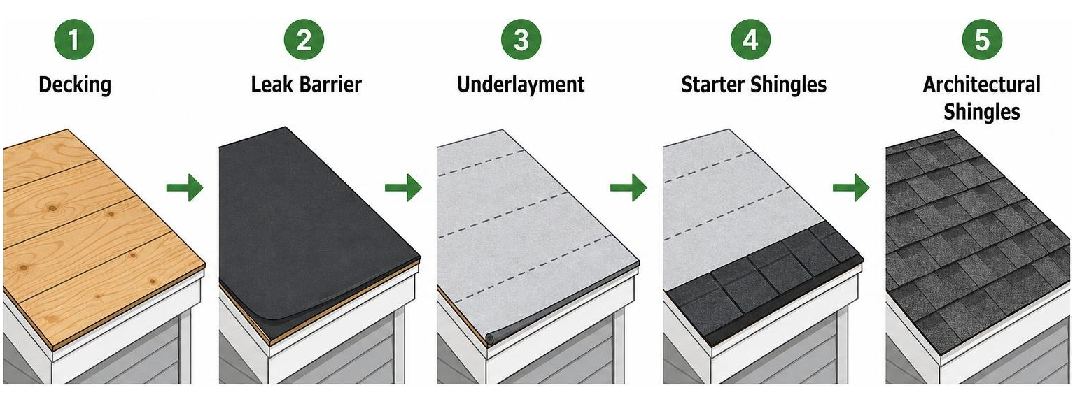 A step-by-step diagram of a high-quality residential roof replacement, showing the decking, leak barrier, underlayment A step-by-step diagram of a high-quality residential roof replacement, showing the decking, leak barrier, underlayment