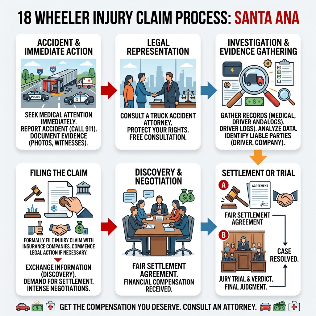 Steps in an 18 wheeler injury claim process from accident to settlement in Santa Ana - 18 wheeler injury claim infographic Steps in an 18 wheeler injury claim process from accident to settlement in Santa Ana - 18 wheeler injury claim infographic