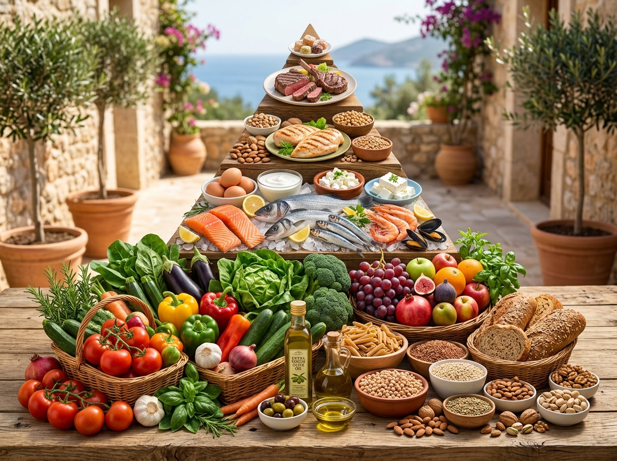 Mediterranean food pyramid emphasizing vegetables, fruits, and healthy fats - weight loss nutrition guide