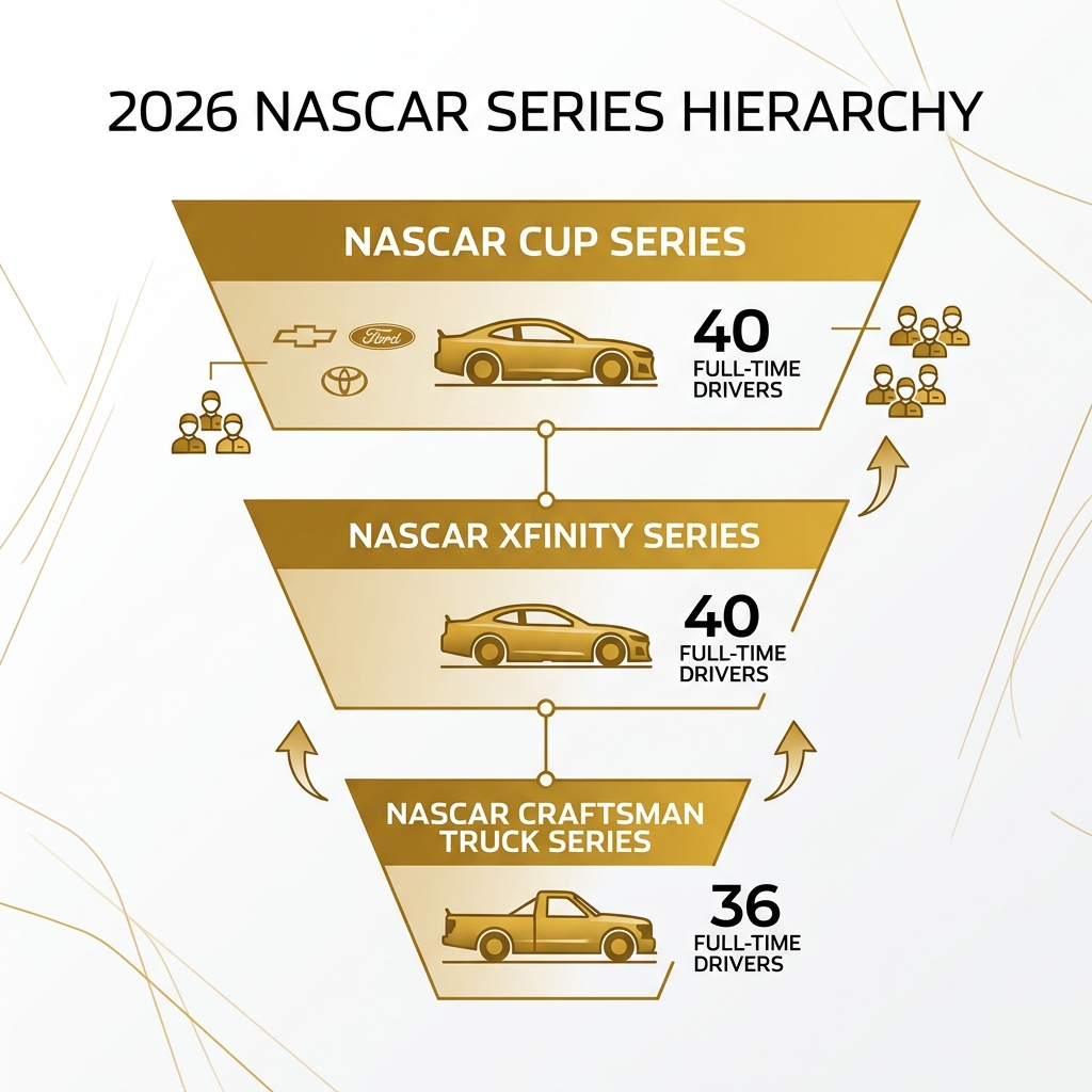 Infographic showing NASCAR series hierarchy from Cup Series at top to Xfinity and Truck Series below, with driver counts per Infographic showing NASCAR series hierarchy from Cup Series at top to Xfinity and Truck Series below, with driver counts per