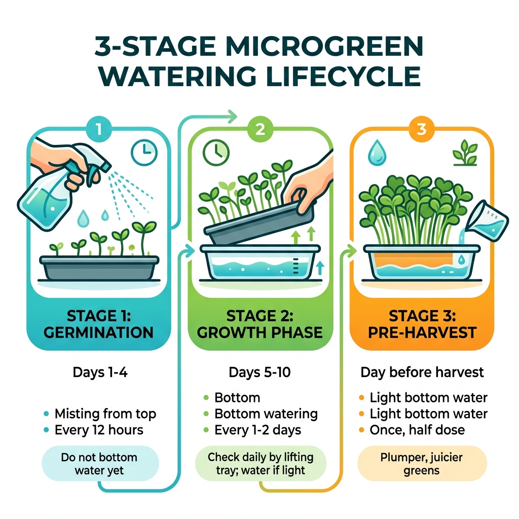 3-stage microgreen watering lifecycle infographic showing germination misting, growth bottom watering, and pre-harvest - how