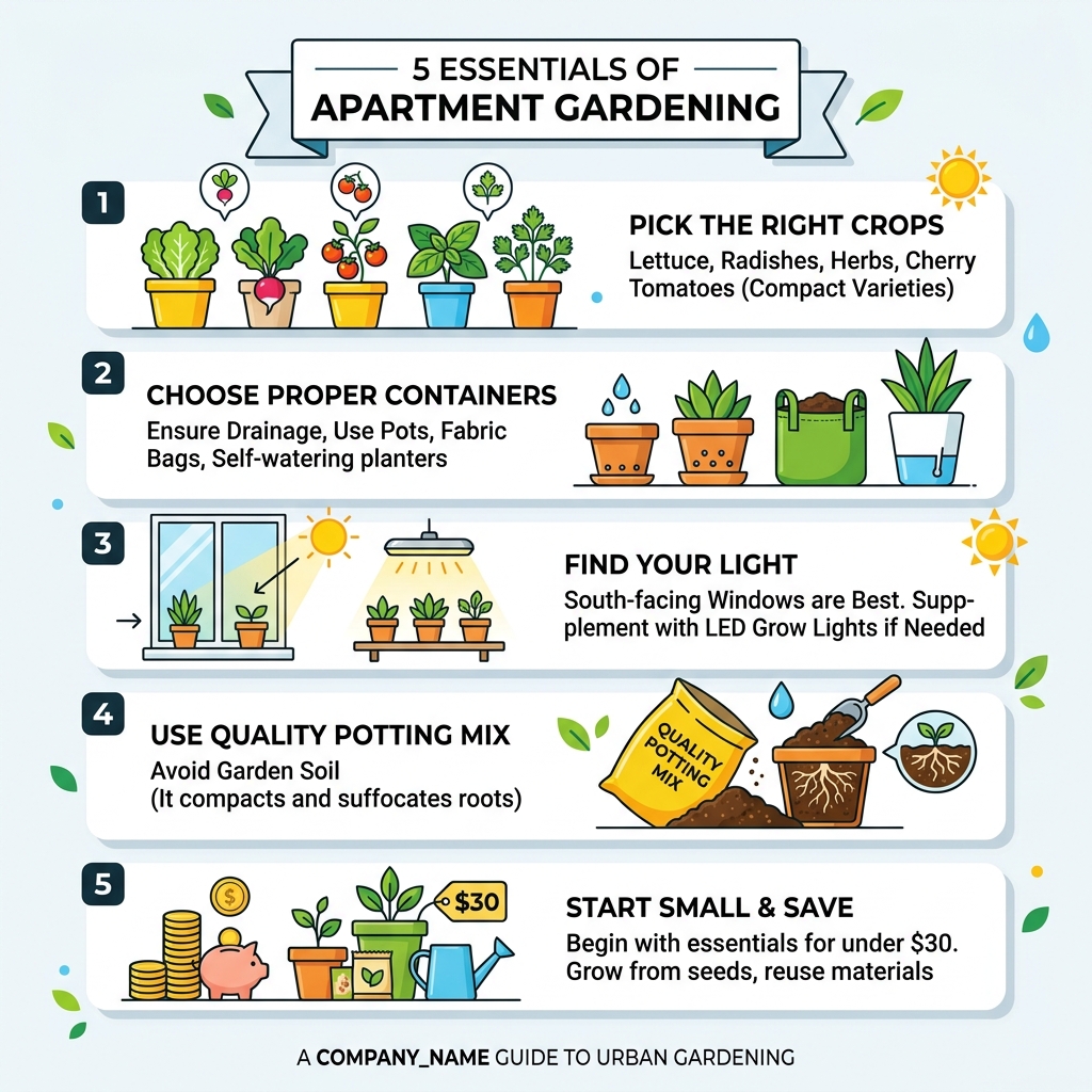 5 essentials of apartment gardening: crops, containers, light, soil, and budget tips - easy apartment vegetable garden