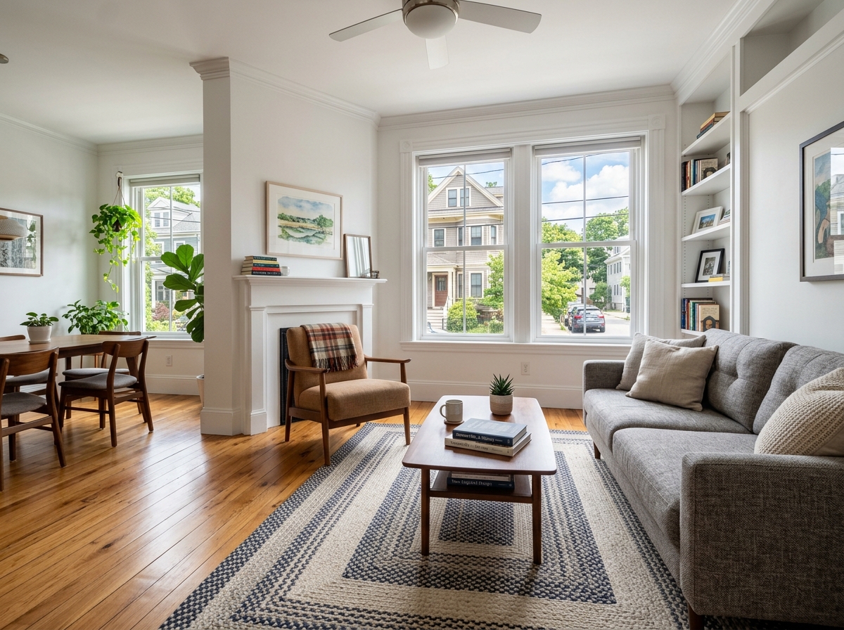 A spotless Somerville living room with large windows and polished hardwood floors - house cleaning somerville ma