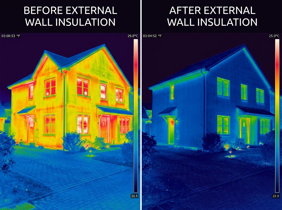 Thermal imaging comparison showing a house before and after external wall insulation - external wall insulation installer