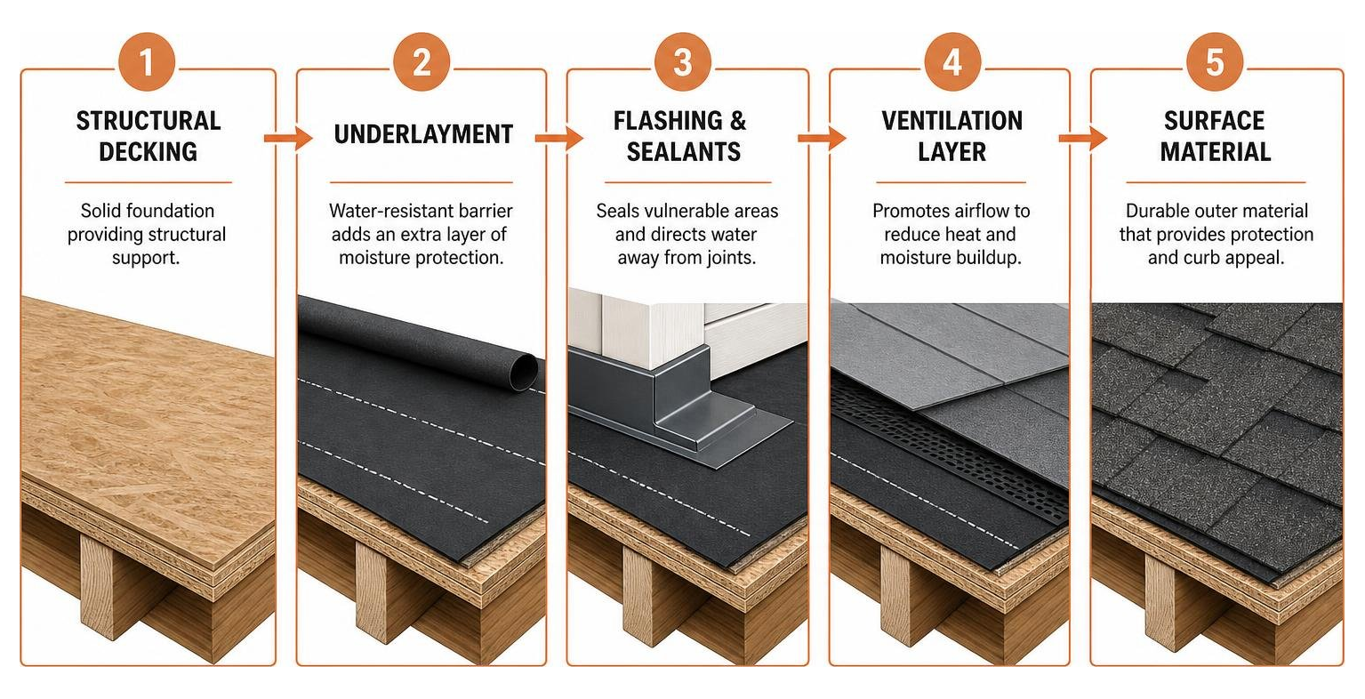 Diagram illustrating exterior material performance layers from structural decking to outer surface material