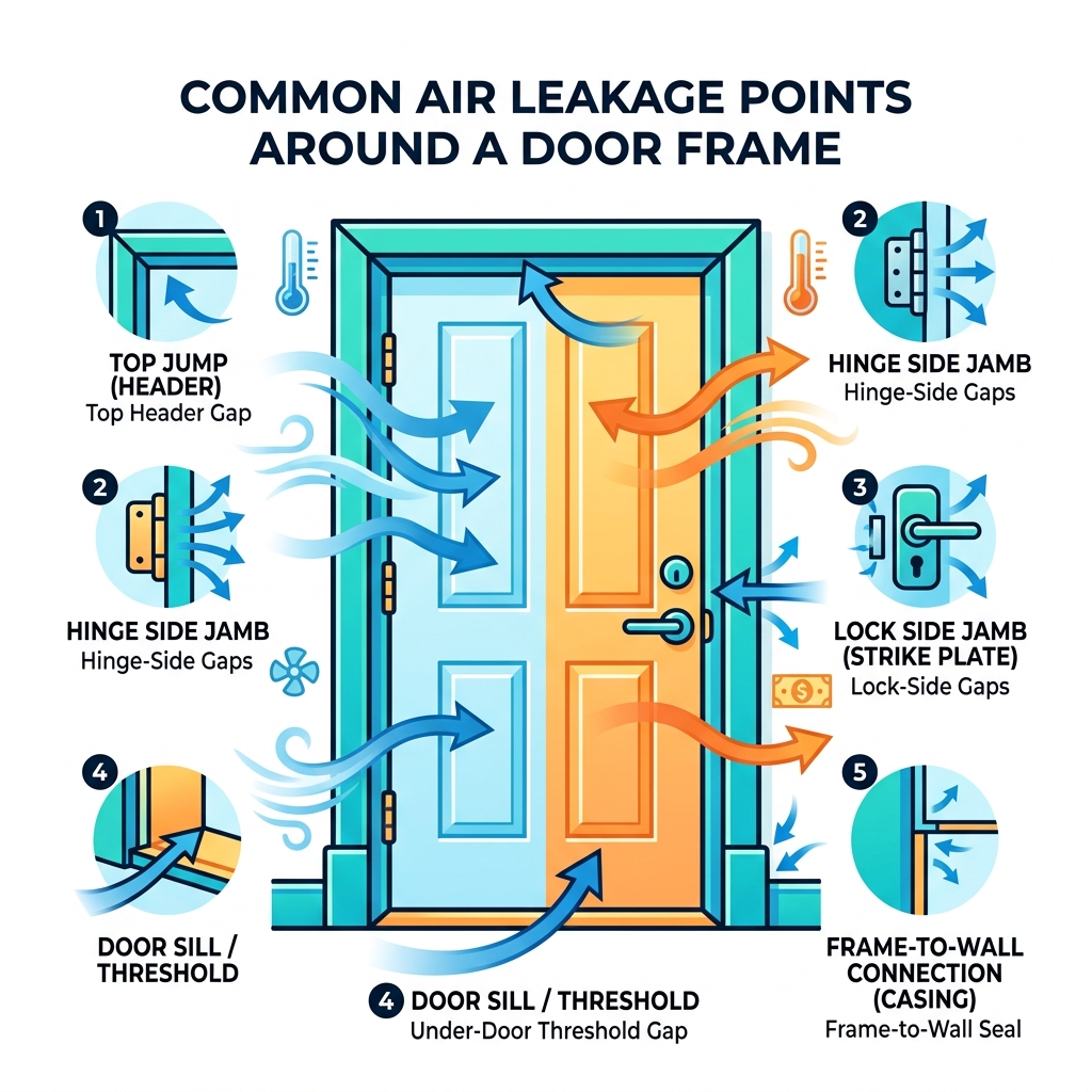 common air leakage points around a standard door frame infographic - Door frame insulation infographic 