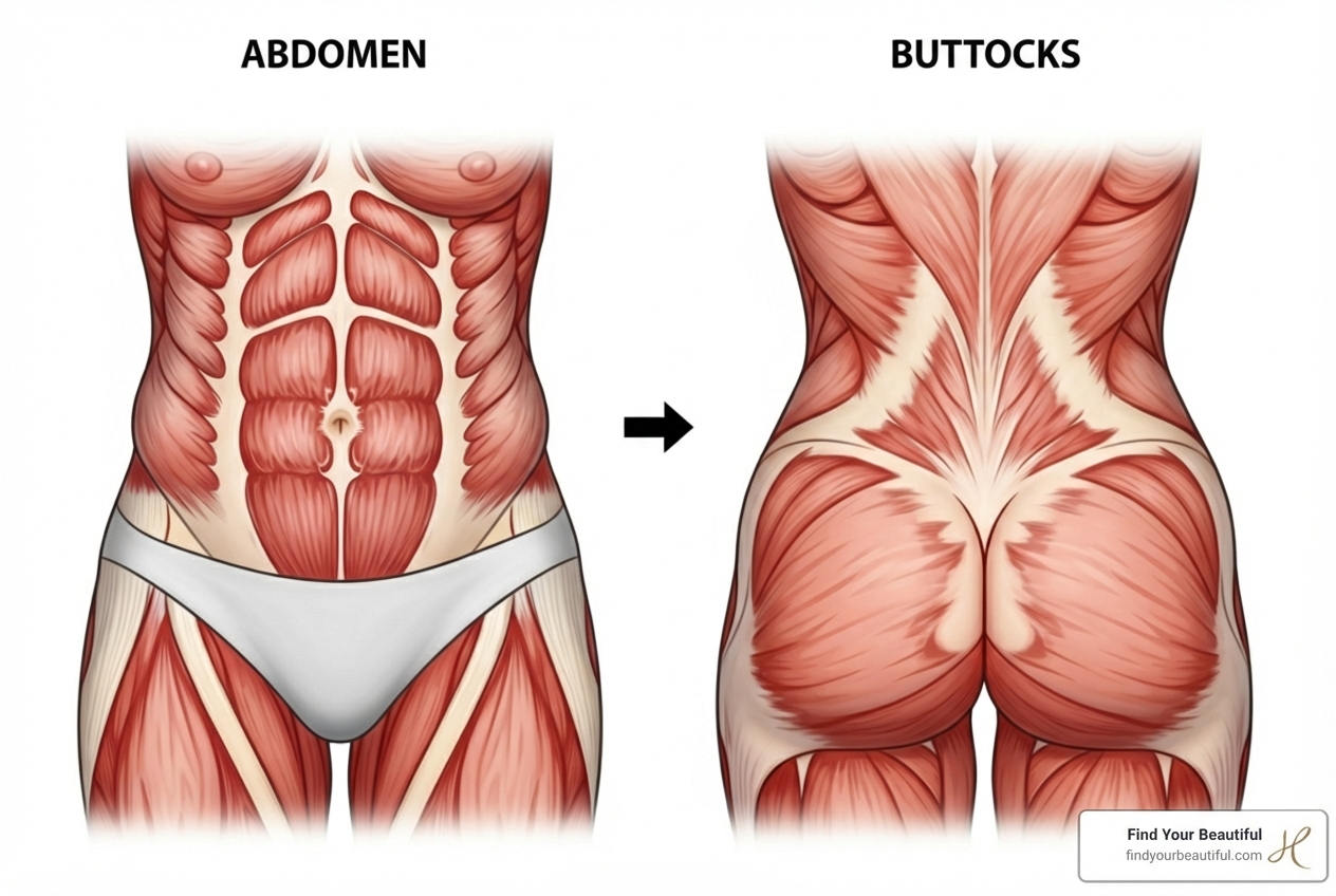 Diagrams showing muscle toning and fat reduction on the abdomen and buttocks - emsculpt near me