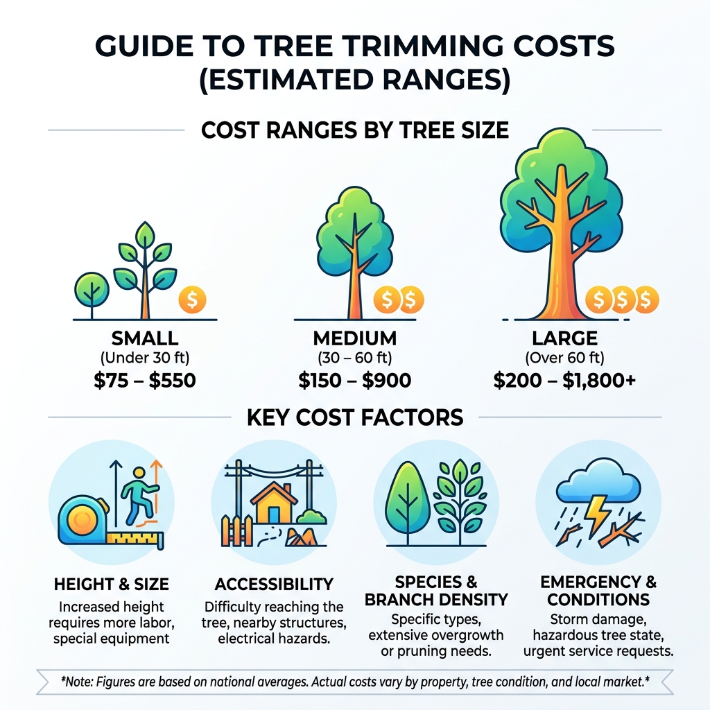 Infographic showing tree trimming cost ranges by tree size, key cost factors like height, species, and accessibility - cost Infographic showing tree trimming cost ranges by tree size, key cost factors like height, species, and accessibility - cost