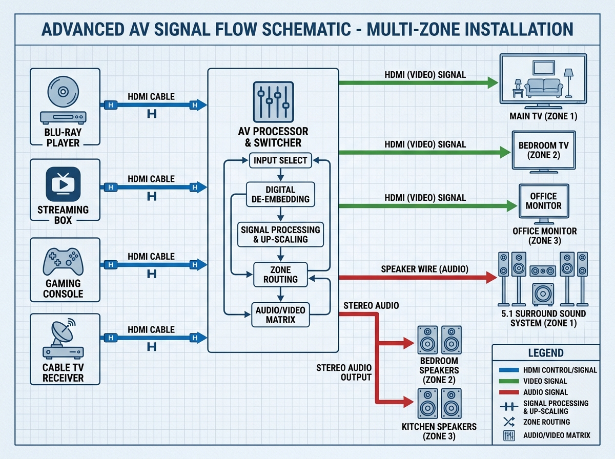 Technical AV signal flow schematic showing source devices connecting to a processor and then to output displays and speakers