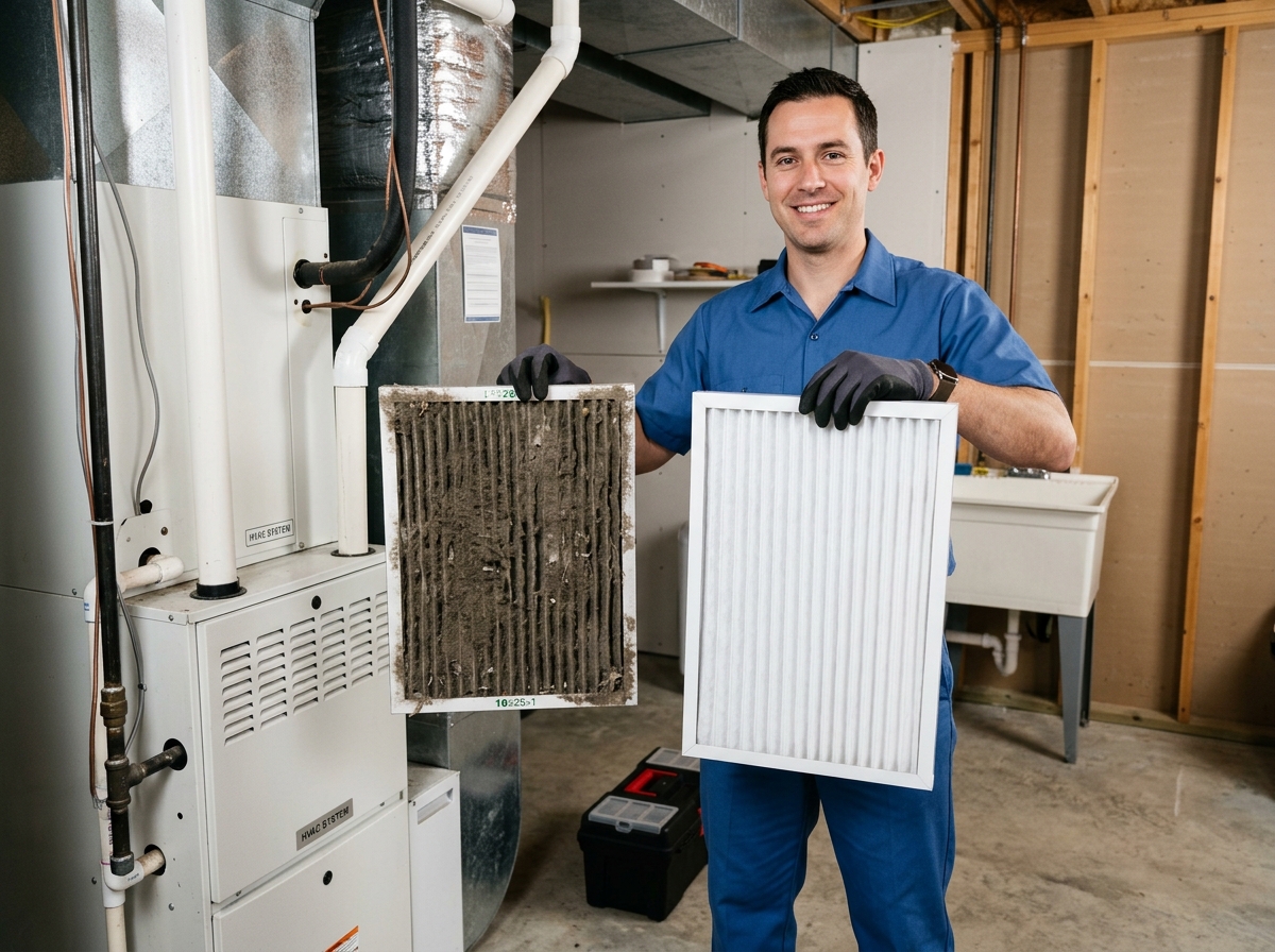 A technician in a blue uniform holding a heavily clogged air filter next to a new clean filter - air conditioner not cooling A technician in a blue uniform holding a heavily clogged air filter next to a new clean filter - air conditioner not cooling