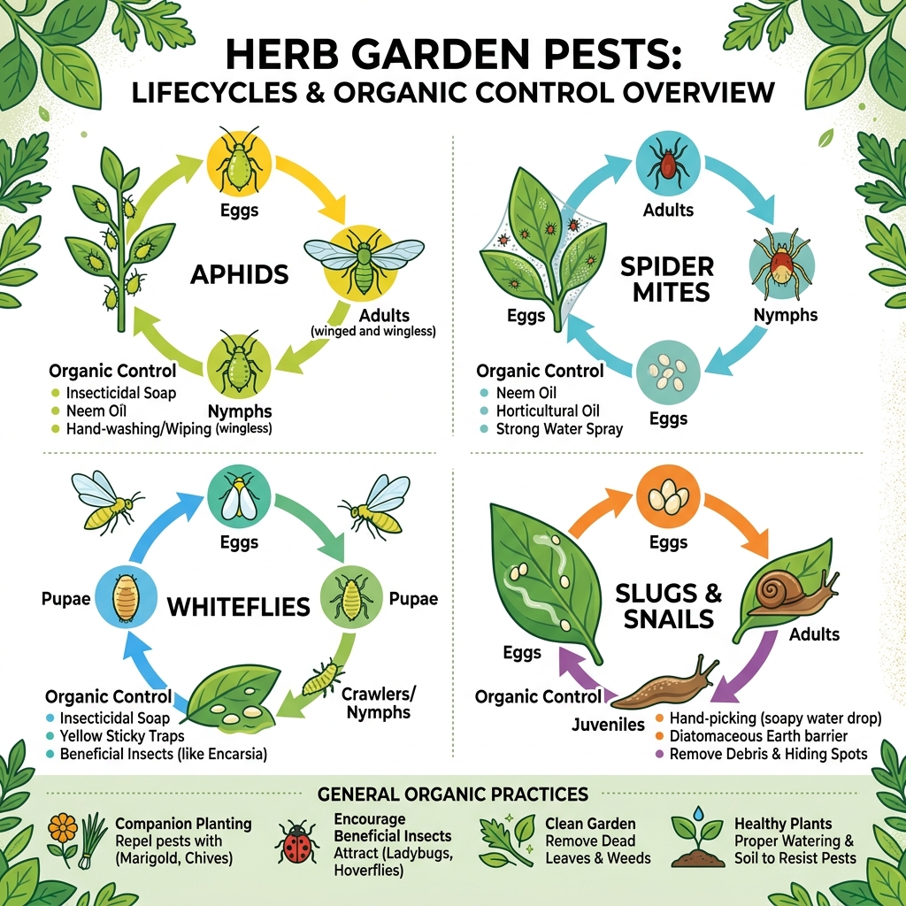 Common herb garden pests lifecycle and organic control methods overview - pest control for herbs infographic 