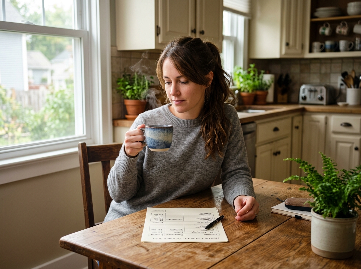 person reviewing a simple one-page budget with a cup of coffee - minimalism declutter money tips